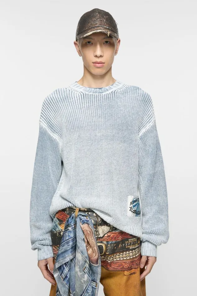 Acne Studios Crew Neck Jumper Denim Bluewhite Man Knitwear