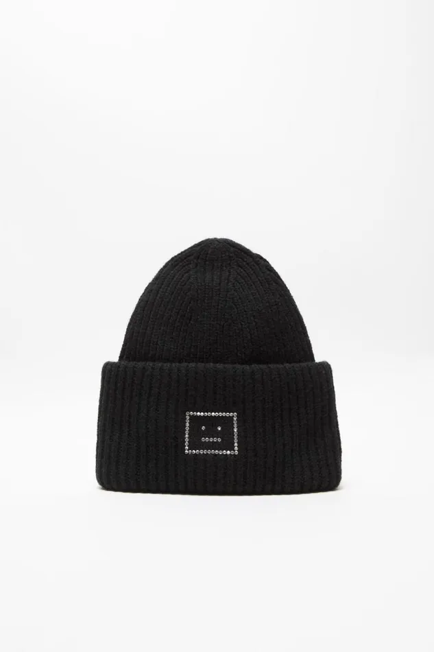 Acne Studios Embellished Face Logo Beanie Black Woman Hats