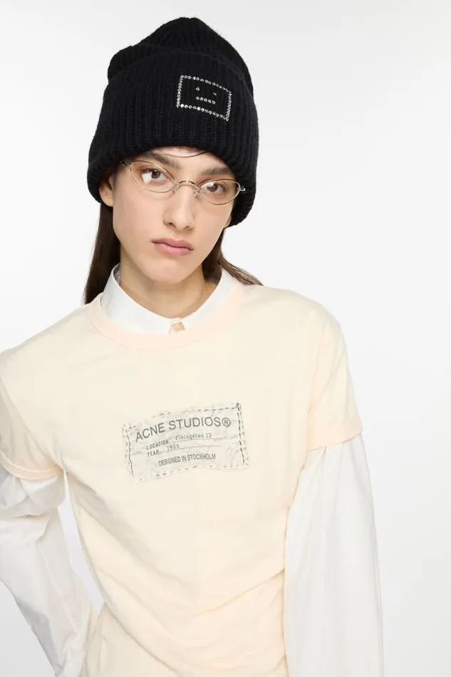 Acne Studios Embellished Face Logo Beanie Black Woman Hats