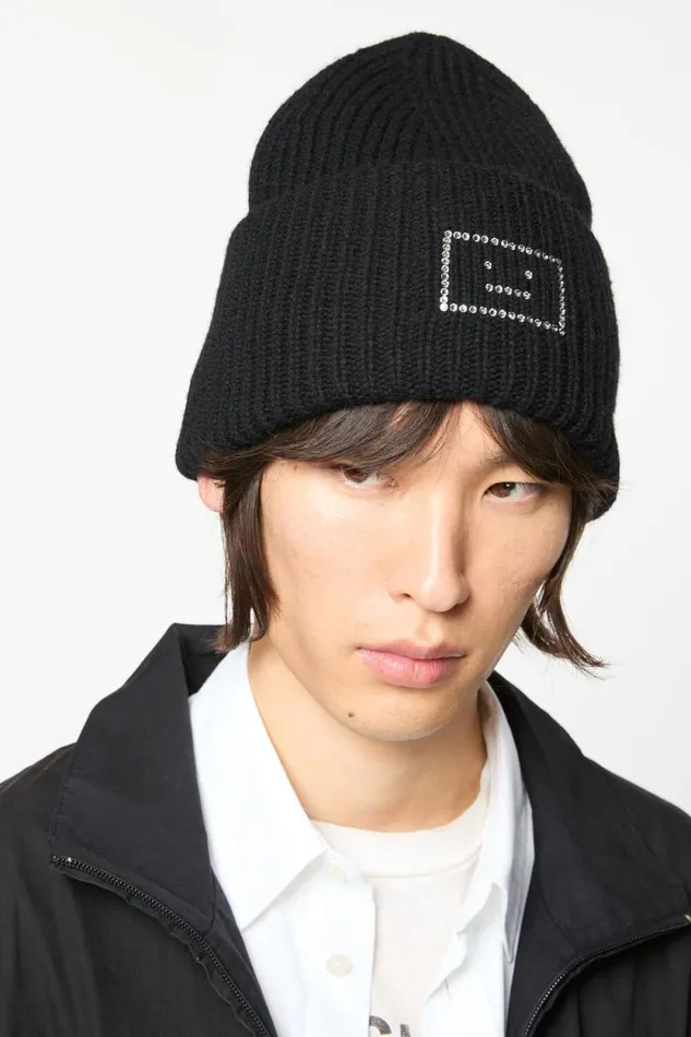 Acne Studios Embellished Face Logo Beanie Black Woman Hats