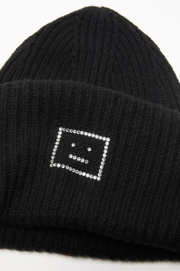 Acne Studios Embellished Face Logo Beanie Black Woman Hats