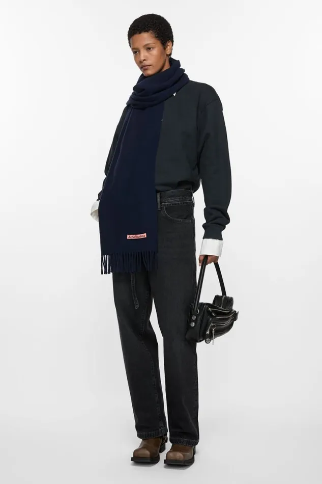 Acne Studios Fringe Wool Scarf Narrow Navy Blue Man Scarves