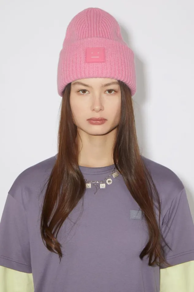 Acne Studios Large Face Logo Beanie Bubble Pink Woman Hats