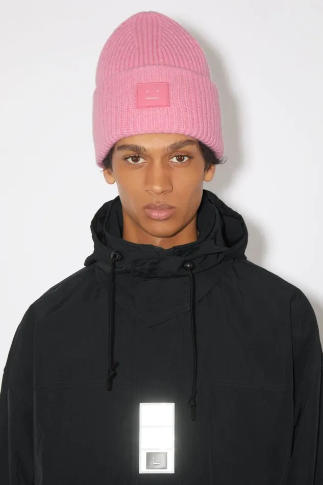 Acne Studios Large Face Logo Beanie Bubble Pink Woman Hats