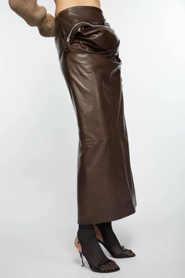 Acne Studios Leather Zipper Tape Skirt Dark Brown Woman Skirts