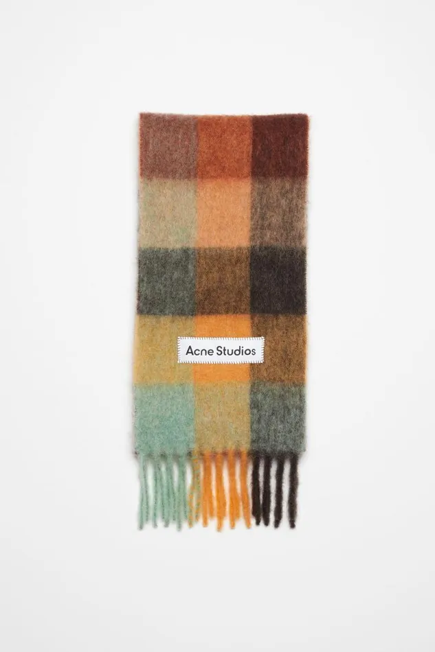 Acne Studios Mohair Checked Scarf Chestnut Brownyellowgreen Woman Scarves