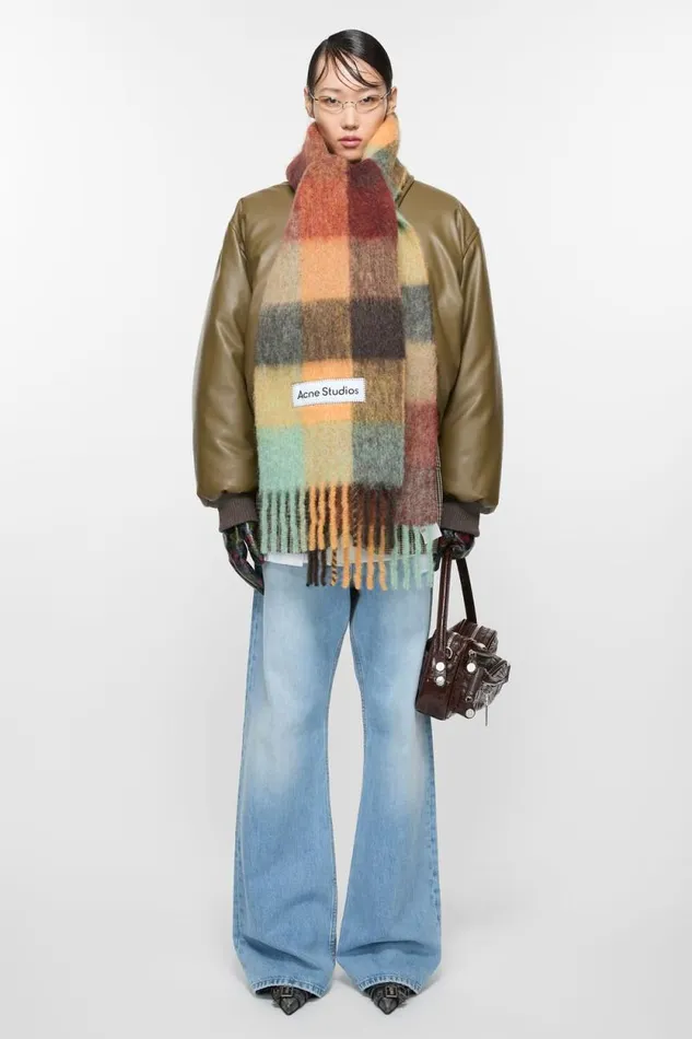 Acne Studios Mohair Checked Scarf Chestnut Brownyellowgreen Woman Scarves