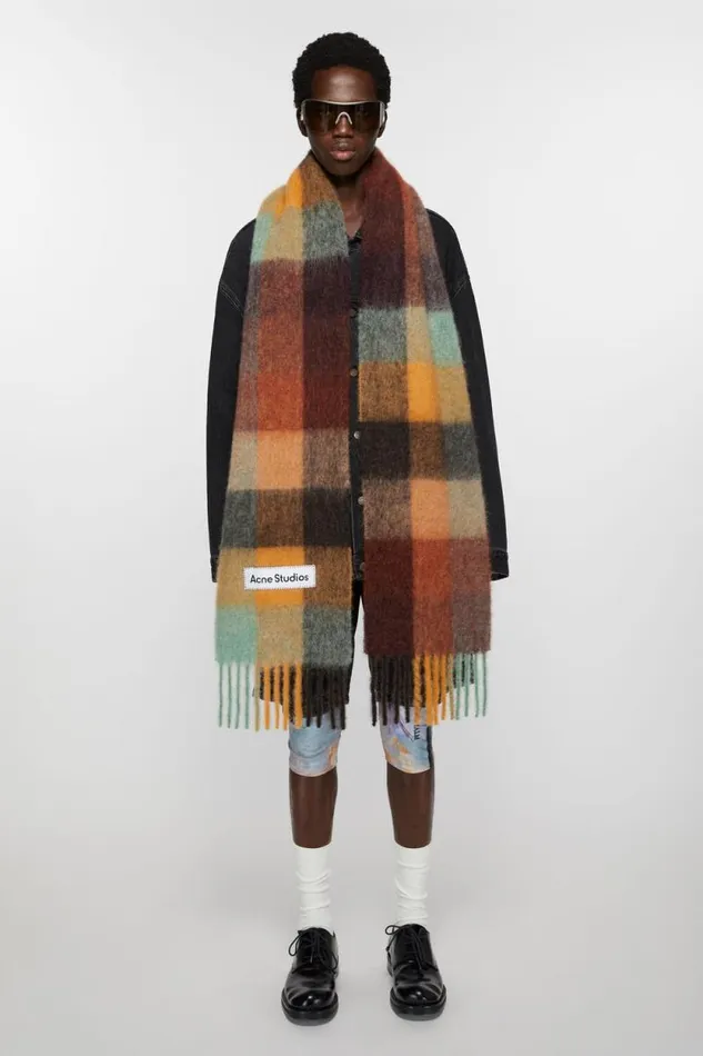 Acne Studios Mohair Checked Scarf Chestnut Brownyellowgreen Woman Scarves