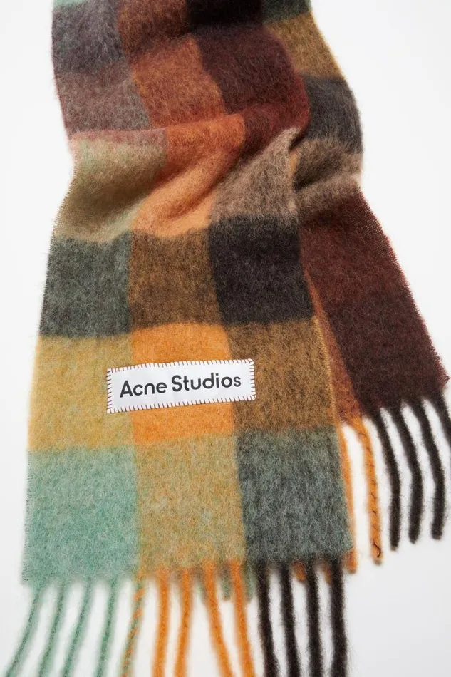 Acne Studios Mohair Checked Scarf Chestnut Brownyellowgreen Woman Scarves