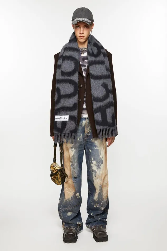 Acne Studios Scarf Wool Alpaca Logo Blackgrey Man Scarves