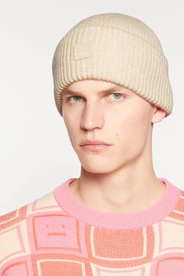 Acne Studios Small Face Logo Beanie Oatmeal Melange Man Hats