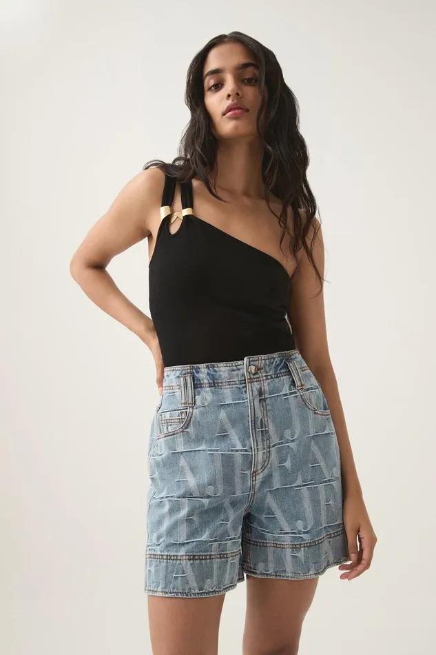 Aje Denim Nostalgia Jacquard Denim Short Coastal Logo Wash 8211 Women