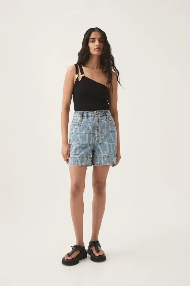 Aje Denim Nostalgia Jacquard Denim Short Coastal Logo Wash 8211 Women