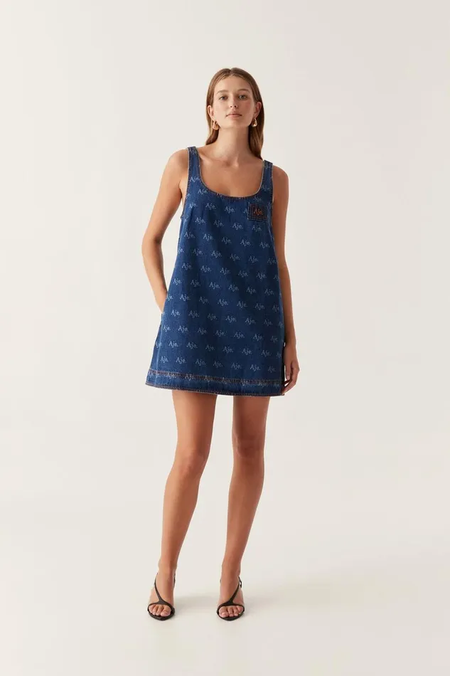 Aje Denim Ratio Logo Denim Mini Dress Logo Wash 8211 Women