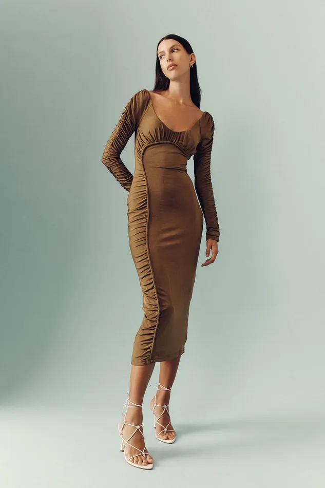 Aje Dresses Cini Gathered Midi Dress Khaki 8211 Women