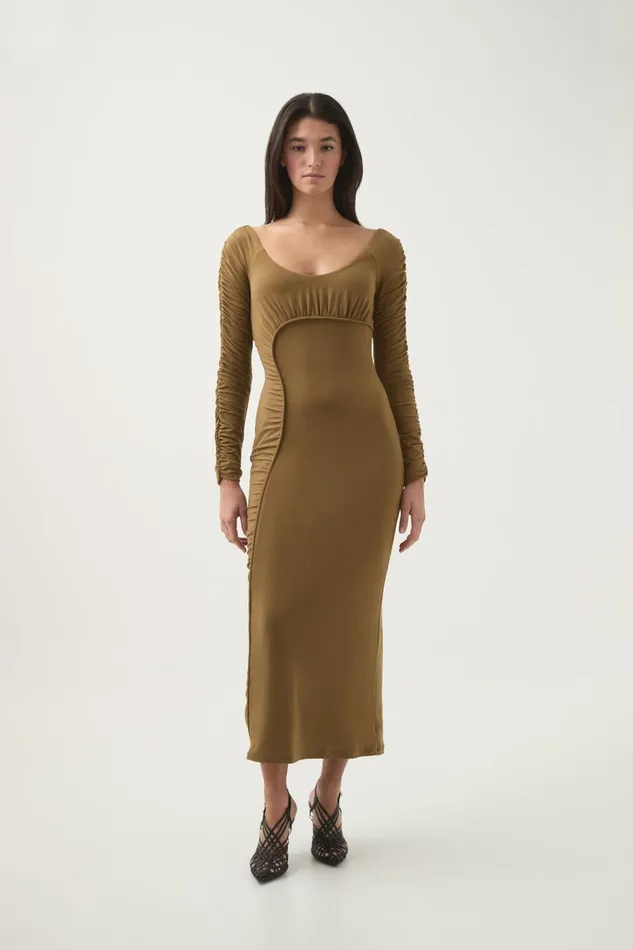 Aje Dresses Cini Gathered Midi Dress Khaki 8211 Women Aje Dresses Cini Gathered Midi Dress Khaki 8211 Women