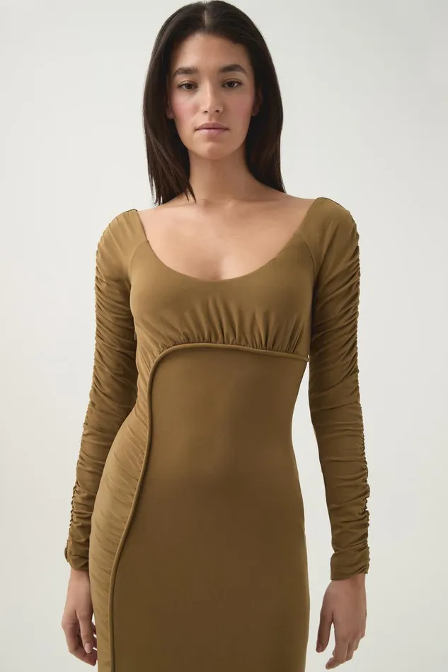 Aje Dresses Cini Gathered Midi Dress Khaki 8211 Women Aje Dresses Cini Gathered Midi Dress Khaki 8211 Women