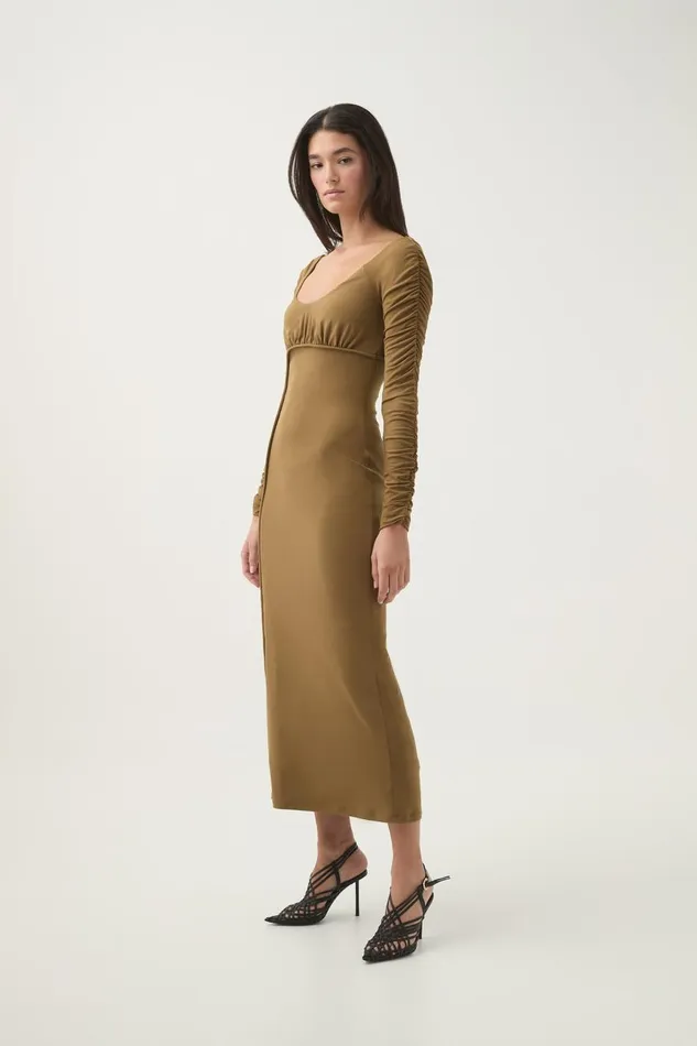 Aje Dresses Cini Gathered Midi Dress Khaki 8211 Women Aje Dresses Cini Gathered Midi Dress Khaki 8211 Women