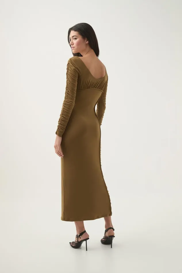 Aje Dresses Cini Gathered Midi Dress Khaki 8211 Women Aje Dresses Cini Gathered Midi Dress Khaki 8211 Women