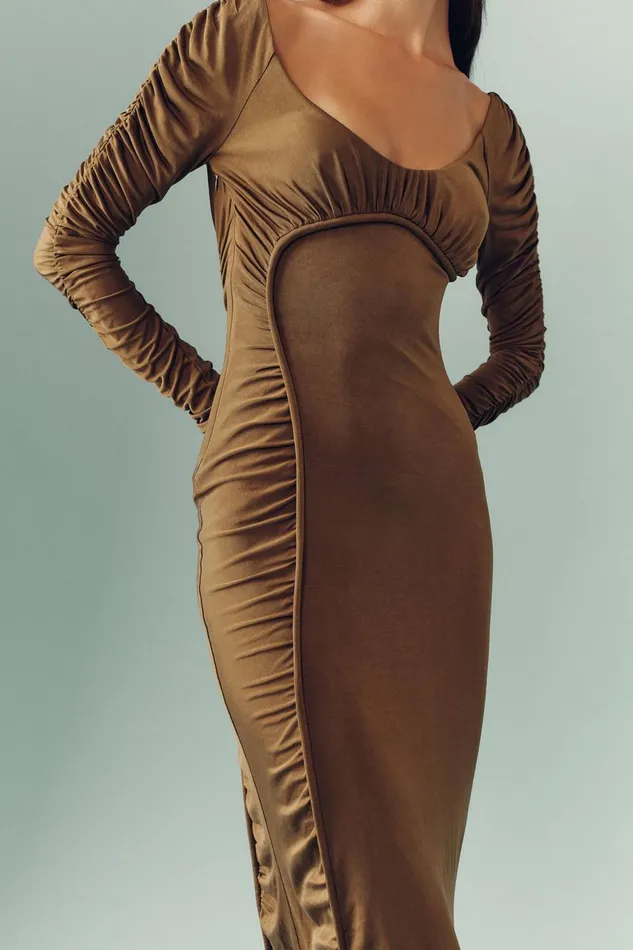 Aje Dresses Cini Gathered Midi Dress Khaki 8211 Women Aje Dresses Cini Gathered Midi Dress Khaki 8211 Women