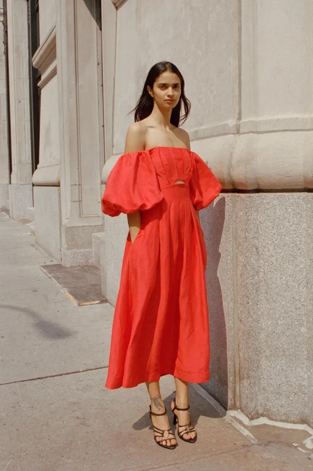 Aje Dresses Eugenie Off Shoulder Midi Dress Scarlet Red 8211 Women