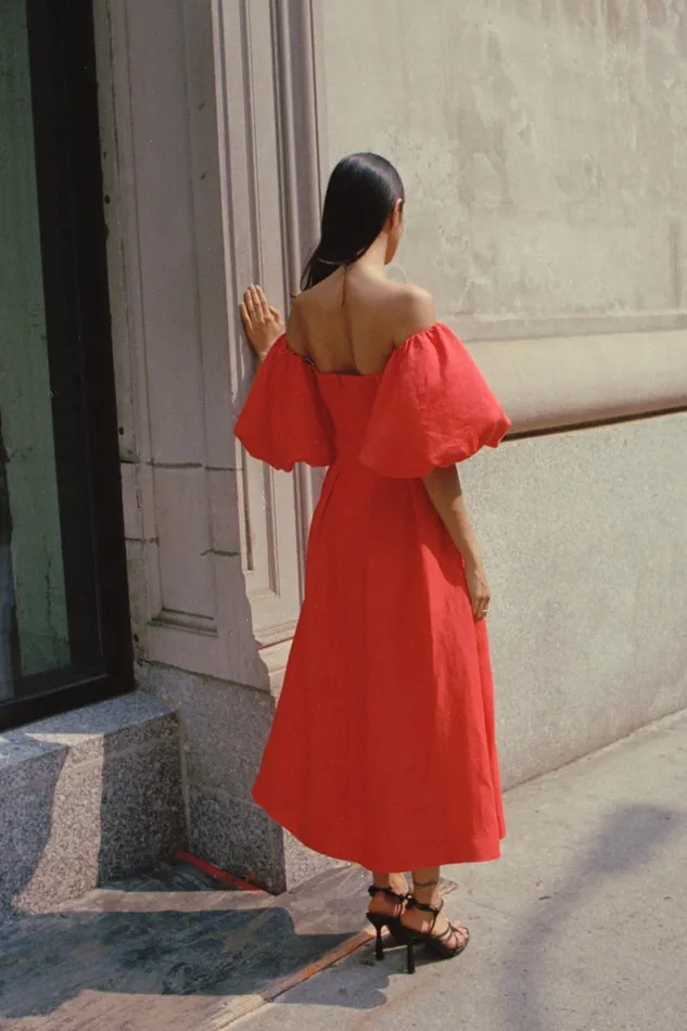 Aje Dresses Eugenie Off Shoulder Midi Dress Scarlet Red 8211 Women Aje Dresses Eugenie Off Shoulder Midi Dress Scarlet Red 8211 Women