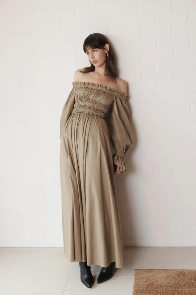 Aje Dresses Wattle Off Shoulder Midi Dress Taupe Grey 8211 Women