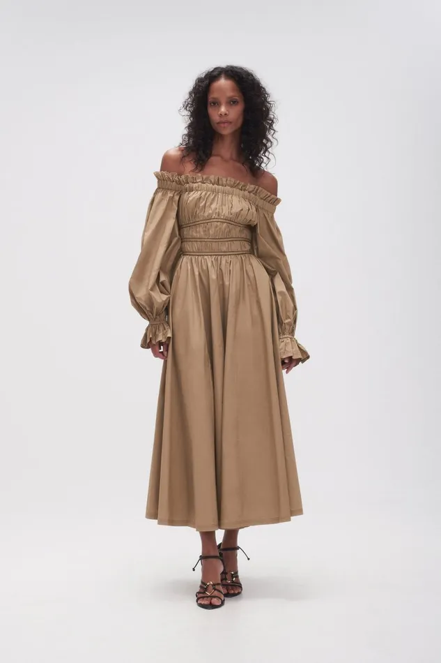 Aje Dresses Wattle Off Shoulder Midi Dress Taupe Grey 8211 Women Aje Dresses Wattle Off Shoulder Midi Dress Taupe Grey 8211 Women
