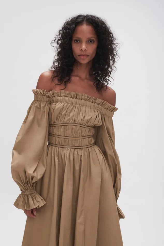Aje Dresses Wattle Off Shoulder Midi Dress Taupe Grey 8211 Women Aje Dresses Wattle Off Shoulder Midi Dress Taupe Grey 8211 Women