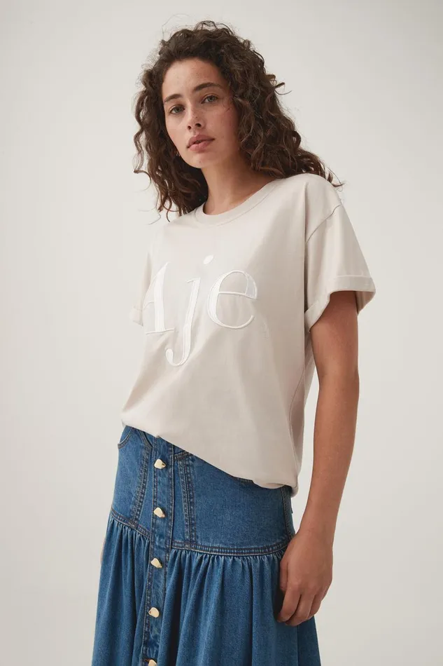 Aje Tees Alice Embroidered Logo Tee Stonewhite 8211 Women Aje Tees Alice Embroidered Logo Tee Stonewhite 8211 Women