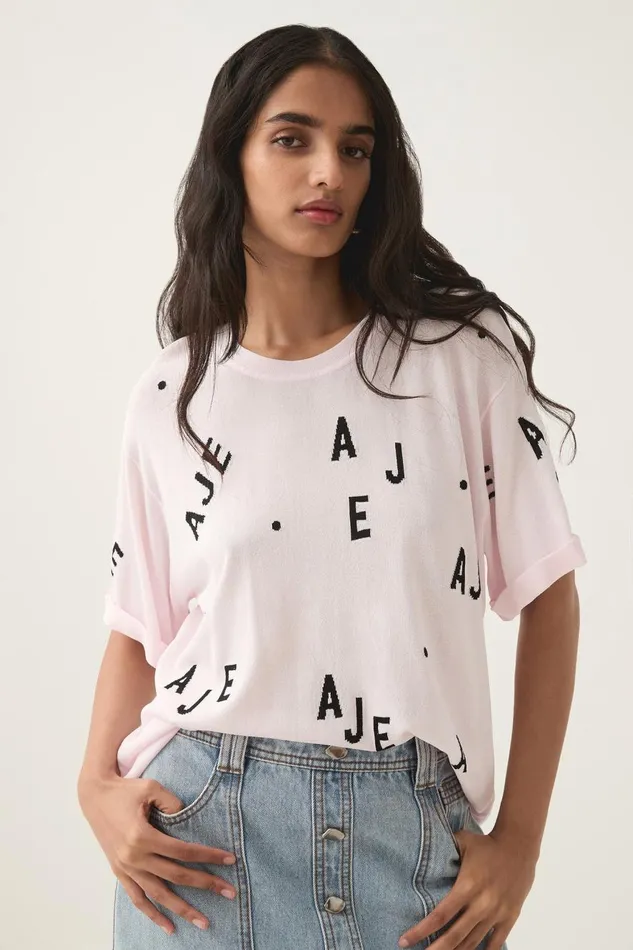 Aje Tees Decora Logo Sprinkle Knit Tee Pastel Pinkblackivory 8211 Women