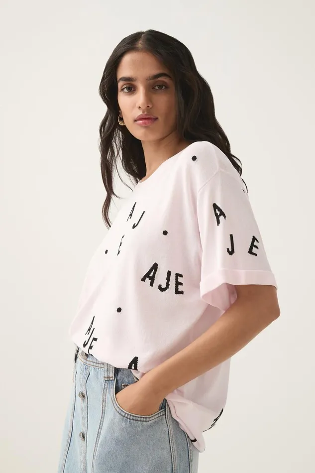 Aje Tees Decora Logo Sprinkle Knit Tee Pastel Pinkblackivory 8211 Women