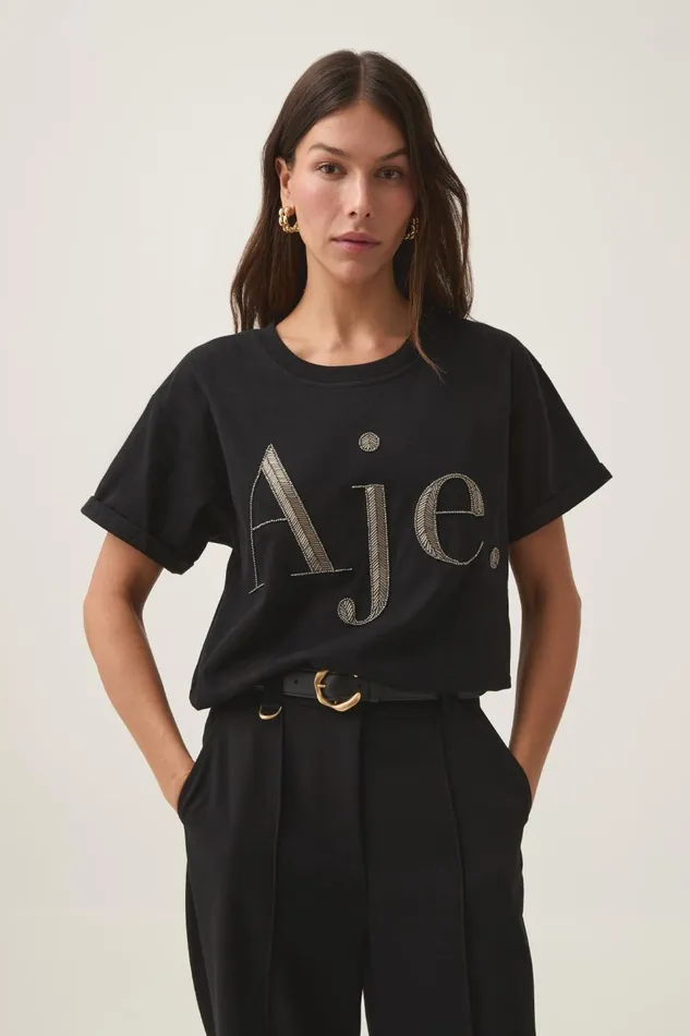 Aje Tees Glint Embellished Logo Tee Black Gunmetal Logo 8211 Women