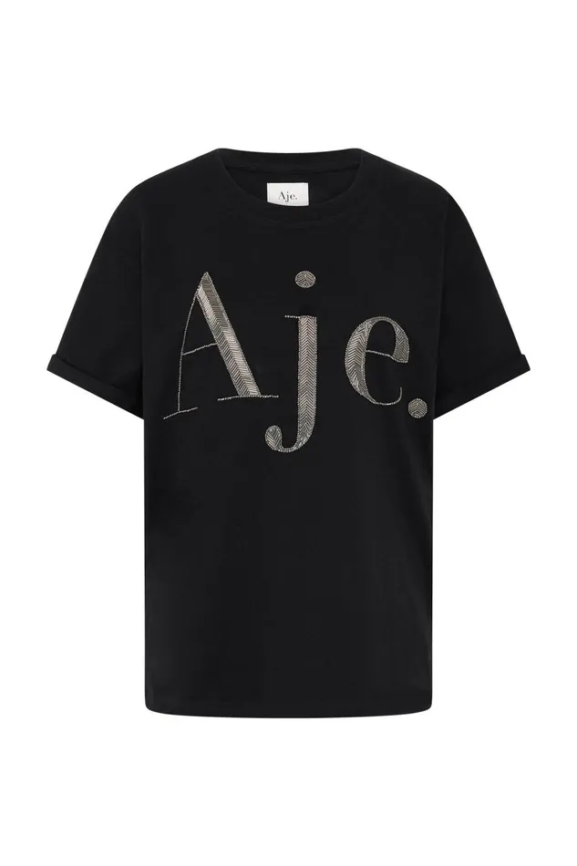 Aje Tees Glint Embellished Logo Tee Black Gunmetal Logo 8211 Women