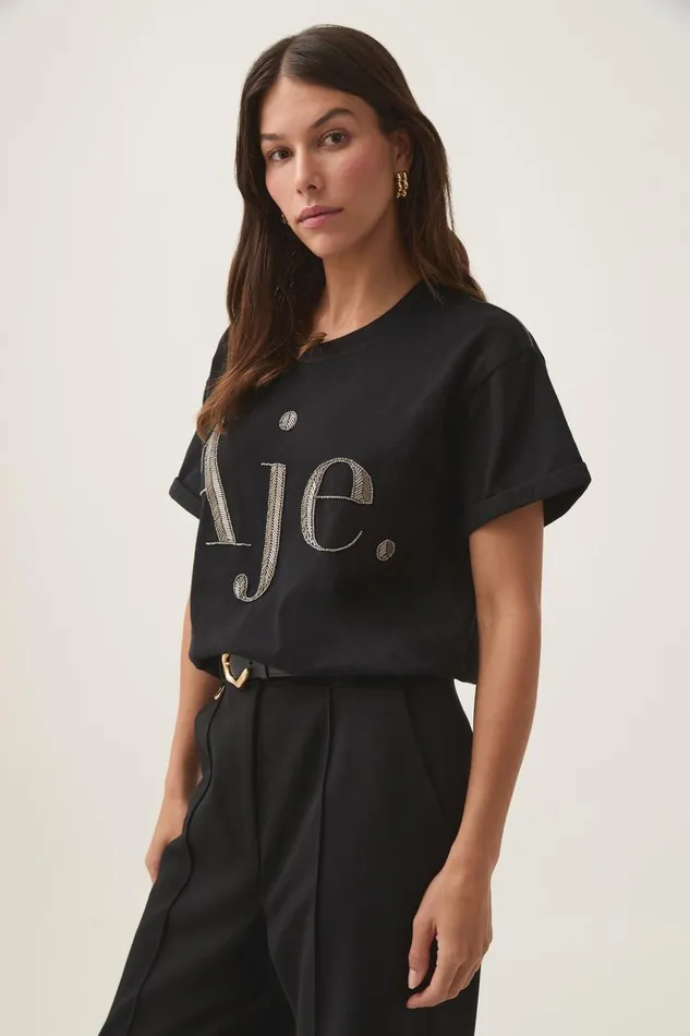 Aje Tees Glint Embellished Logo Tee Black Gunmetal Logo 8211 Women