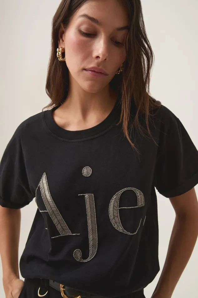 Aje Tees Glint Embellished Logo Tee Black Gunmetal Logo 8211 Women