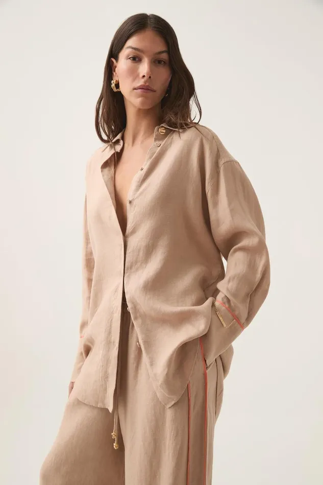 Aje Tops Drawn Washed Linen Shirt Warm Taupe 8211 Women Aje Tops Drawn Washed Linen Shirt Warm Taupe 8211 Women