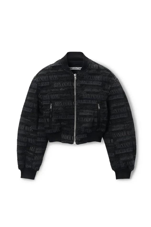 Alexander Wang Denim Women Newsprint LogoEmbroidered Bomber Jacket In Denim