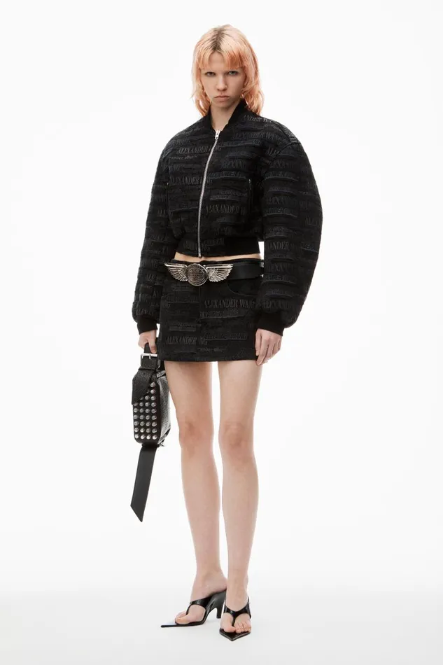 Alexander Wang Denim Women Newsprint LogoEmbroidered Bomber Jacket In Denim