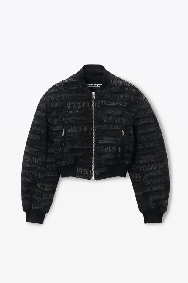 Alexander Wang Denim Women Newsprint LogoEmbroidered Bomber Jacket In Denim