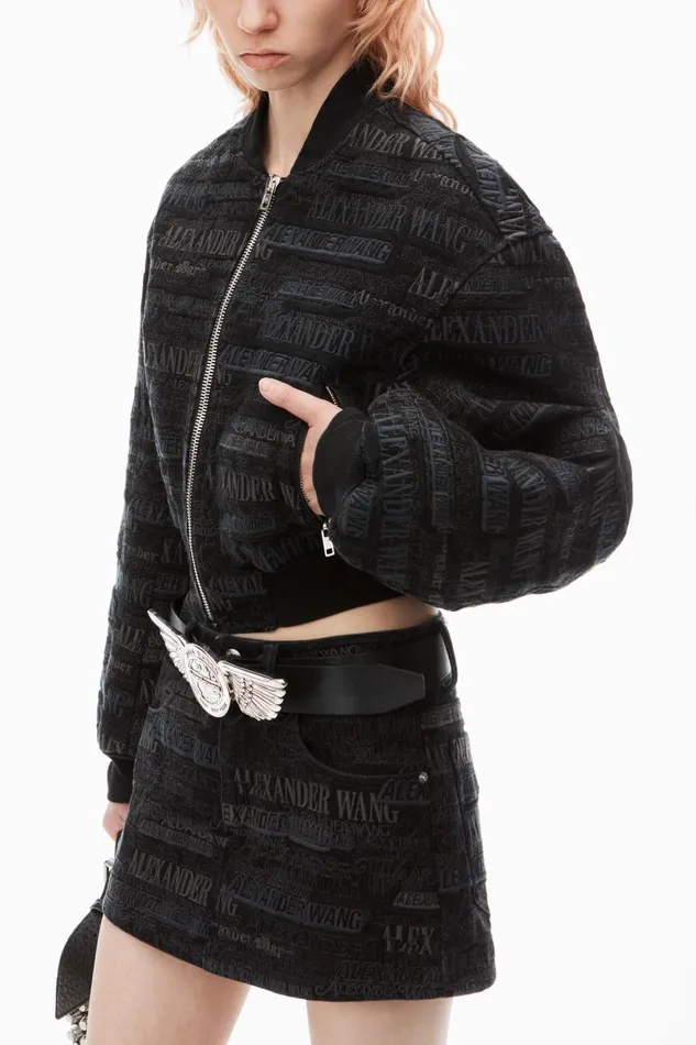 Alexander Wang Denim Women Newsprint LogoEmbroidered Bomber Jacket In Denim