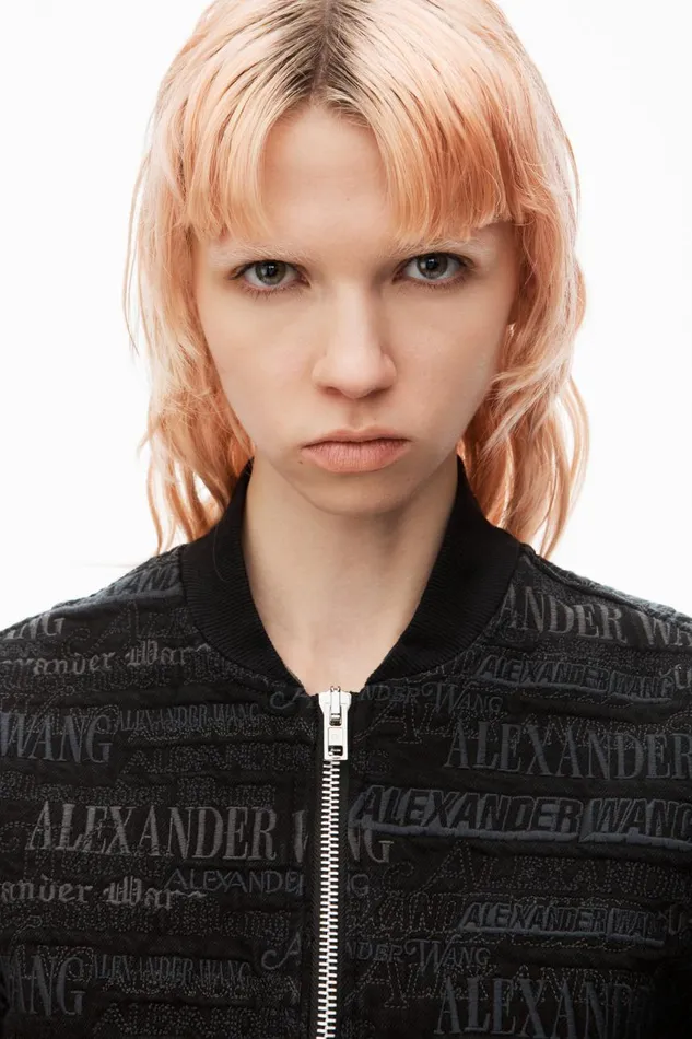 Alexander Wang Denim Women Newsprint LogoEmbroidered Bomber Jacket In Denim