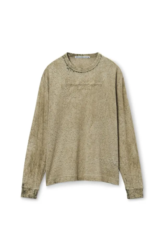 Alexander Wang UnisexWomenMen Logo Embossed Splatter Wash Long Sleeve Tee In Cotton Hemp Jersey Alexander Wang UnisexWomenMen Logo Embossed Splatter Wash Long Sleeve Tee In Cotton Hemp Jersey