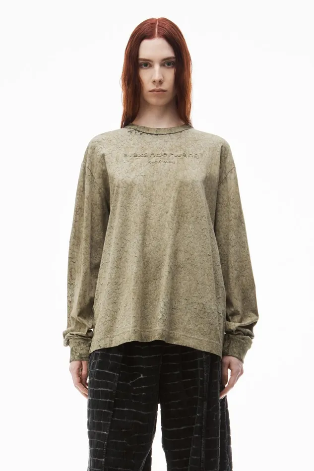 Alexander Wang UnisexWomenMen Logo Embossed Splatter Wash Long Sleeve Tee In Cotton Hemp Jersey