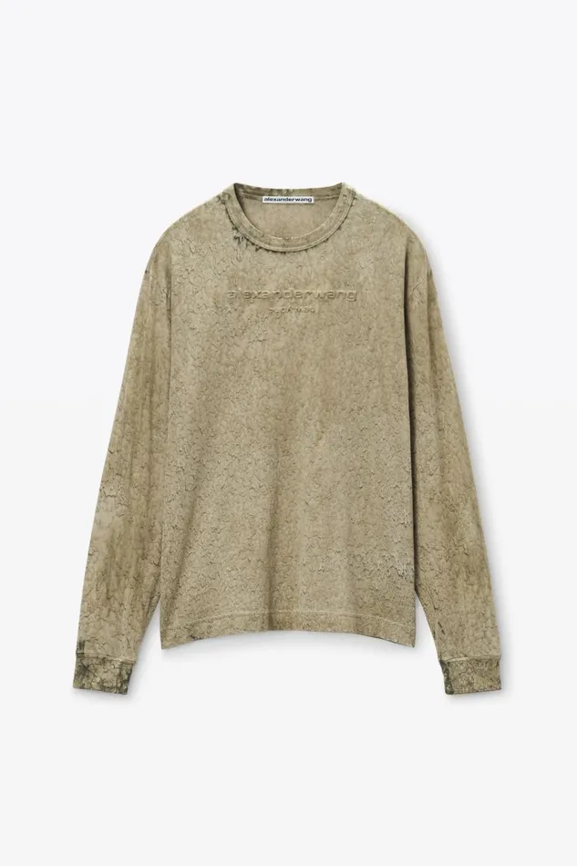Alexander Wang UnisexWomenMen Logo Embossed Splatter Wash Long Sleeve Tee In Cotton Hemp Jersey