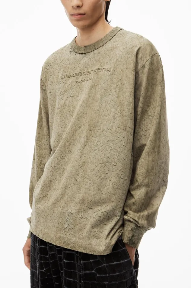 Alexander Wang UnisexWomenMen Logo Embossed Splatter Wash Long Sleeve Tee In Cotton Hemp Jersey