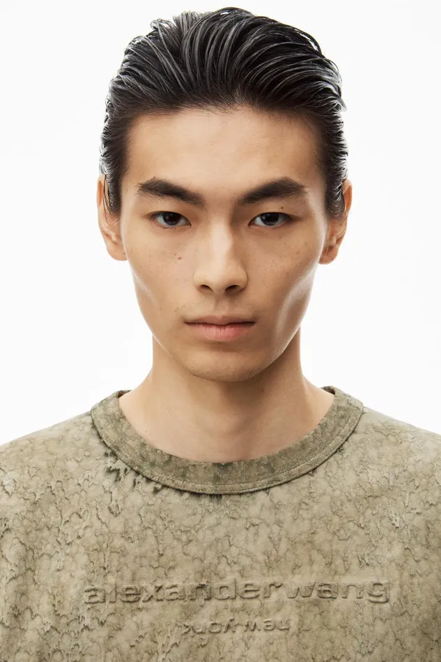 Alexander Wang UnisexWomenMen Logo Embossed Splatter Wash Long Sleeve Tee In Cotton Hemp Jersey