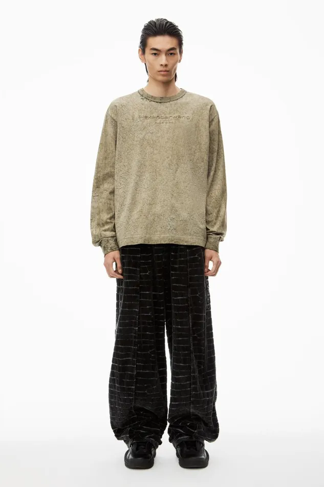Alexander Wang UnisexWomenMen Logo Embossed Splatter Wash Long Sleeve Tee In Cotton Hemp Jersey