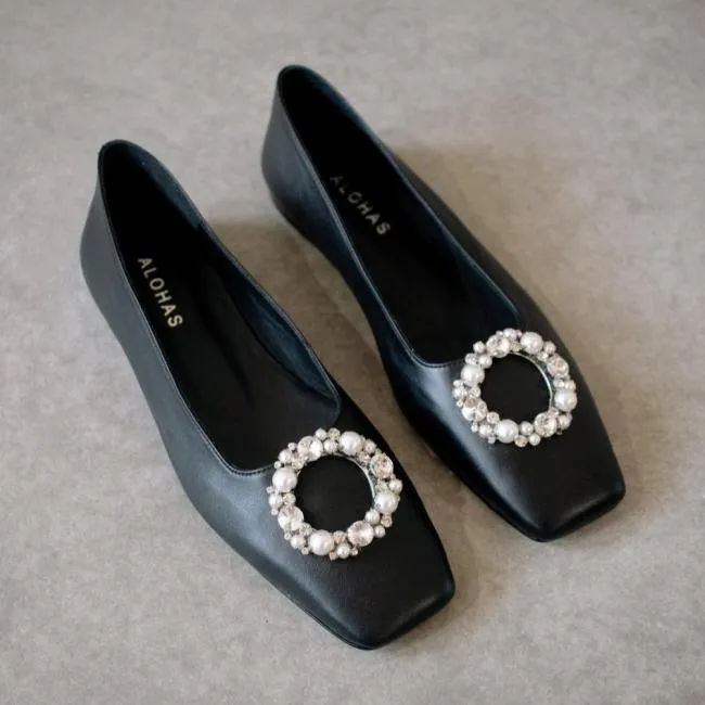 ALOHAS Ballet Flats Bella Crystal 8211 Black Leather Flats 8211 Women