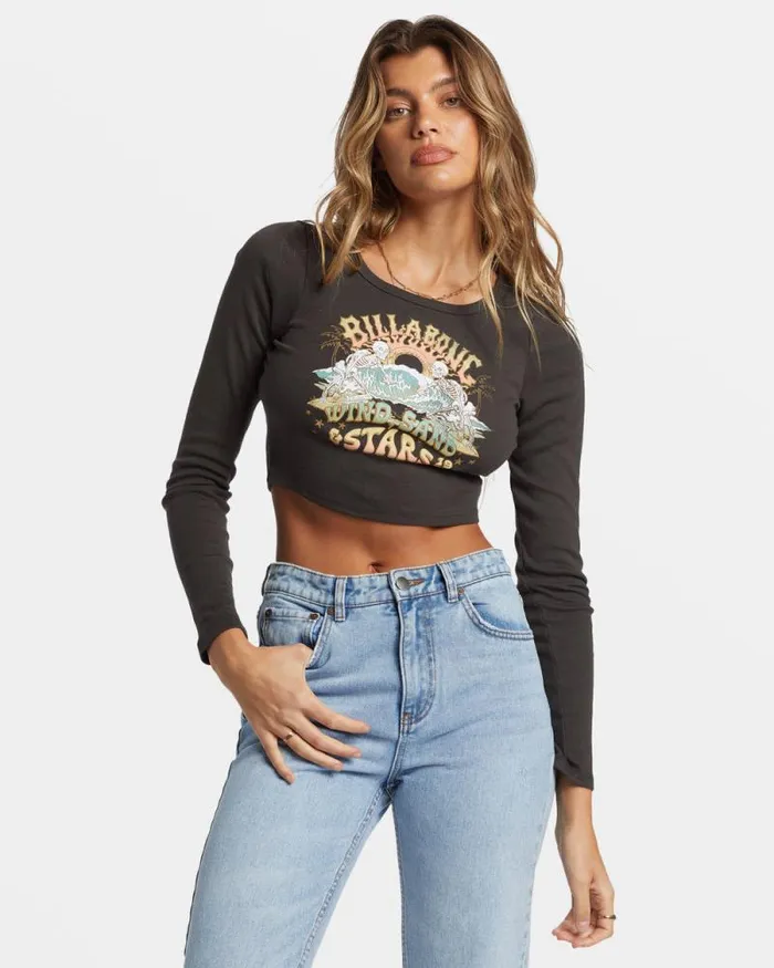 Billabong Graphic Tees and Tanks Stars In Your Eyes Long Sleeve Cropped Tshirt Off Black 8211 Women Billabong Graphic Tees and Tanks Stars In Your Eyes Long Sleeve Cropped Tshirt Off Black 8211 Women